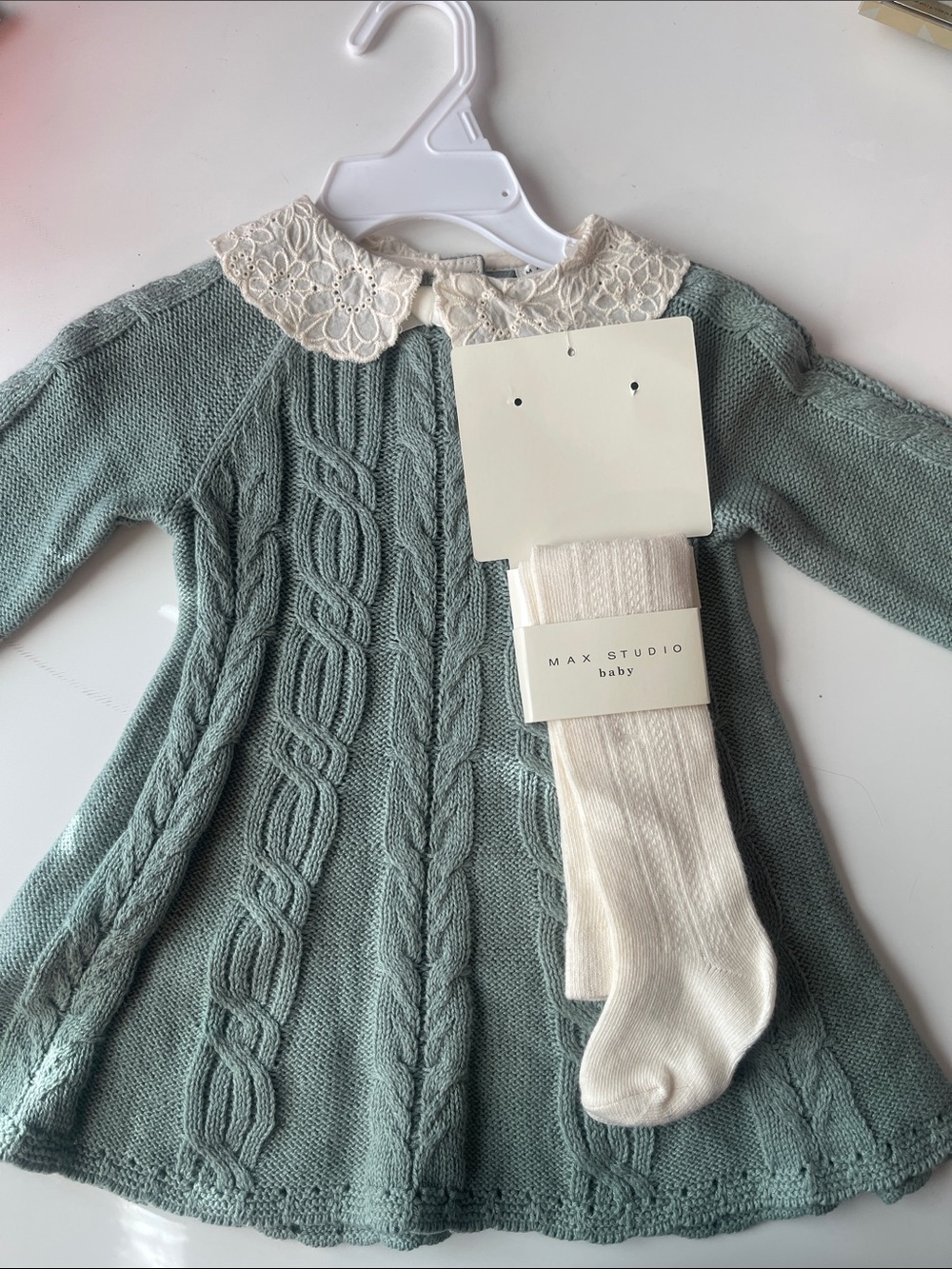 Max Studio Sage Green Cable-Knit Dress with Cream Lace Collar